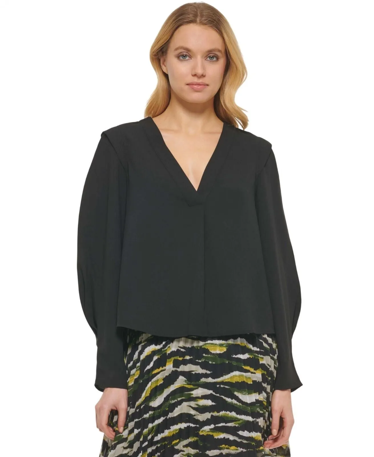 DKNY Womens Solid V-Neck Pullover Top P23AAO16 Black XL