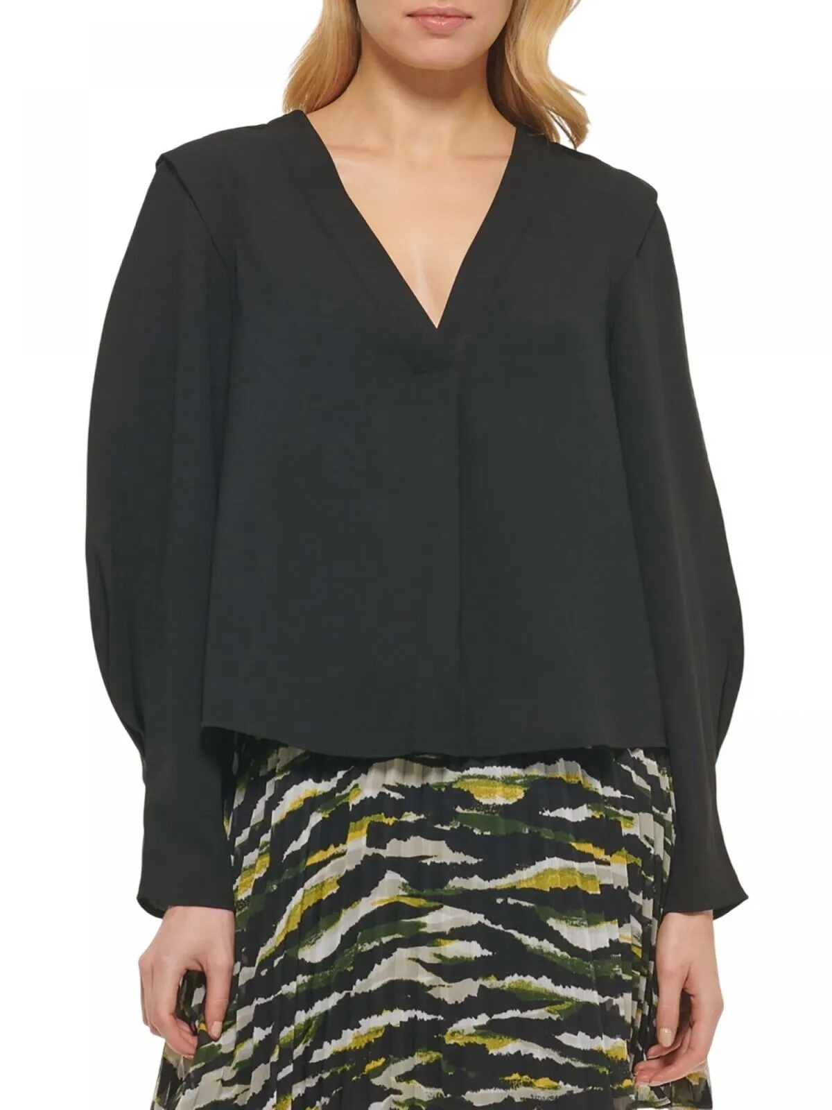 DKNY Womens Solid V-Neck Pullover Top P23AAO16 Black XL