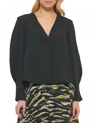 DKNY Womens Solid V-Neck Pullover Top P23AAO16 Black XL