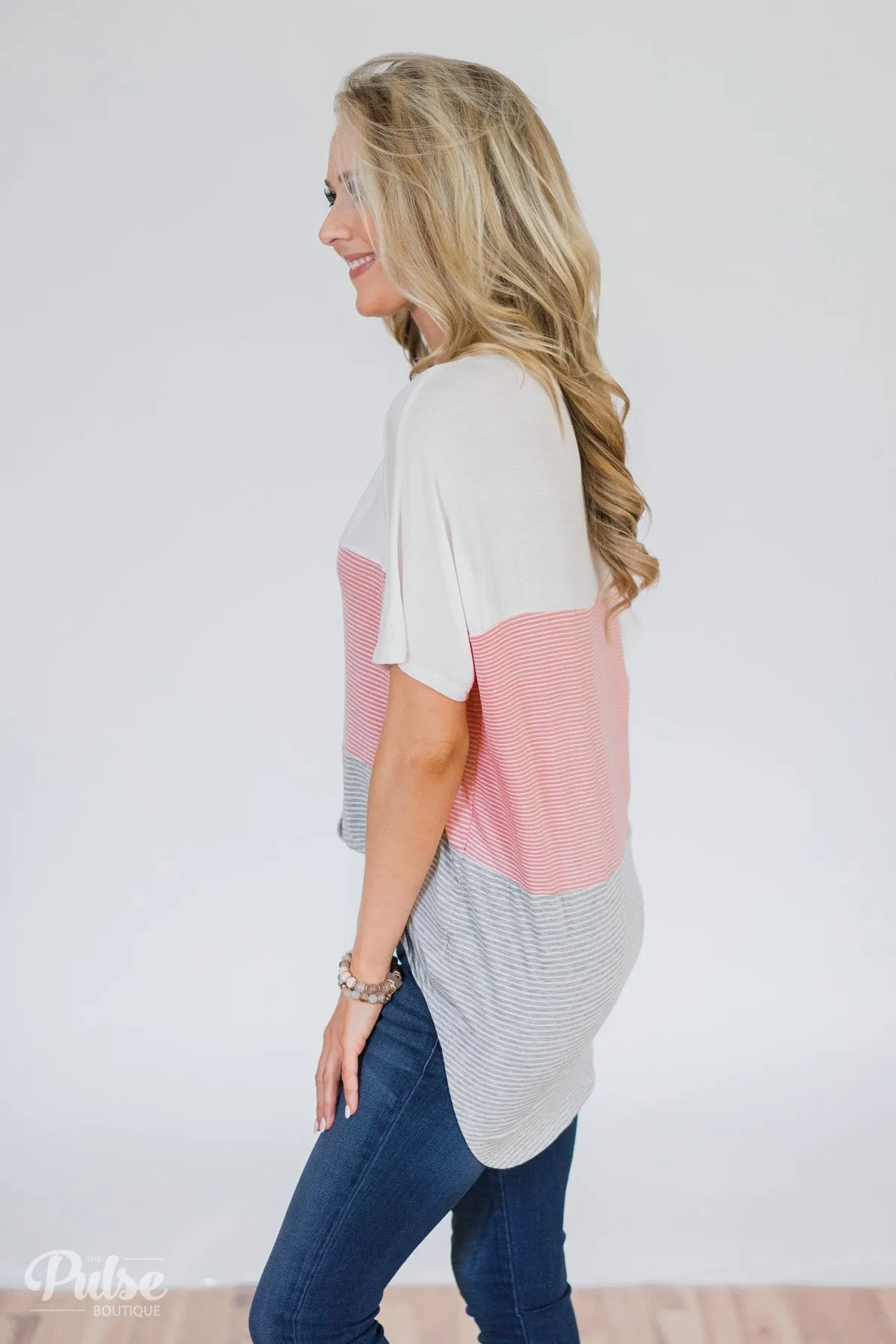 Dolman Striped Color Block Top- Pink & Grey