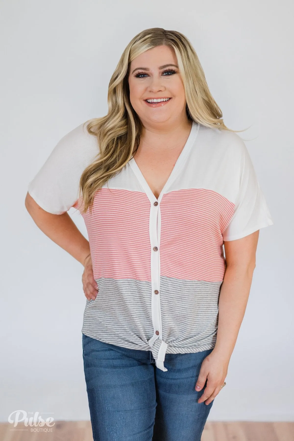Dolman Striped Color Block Top- Pink & Grey