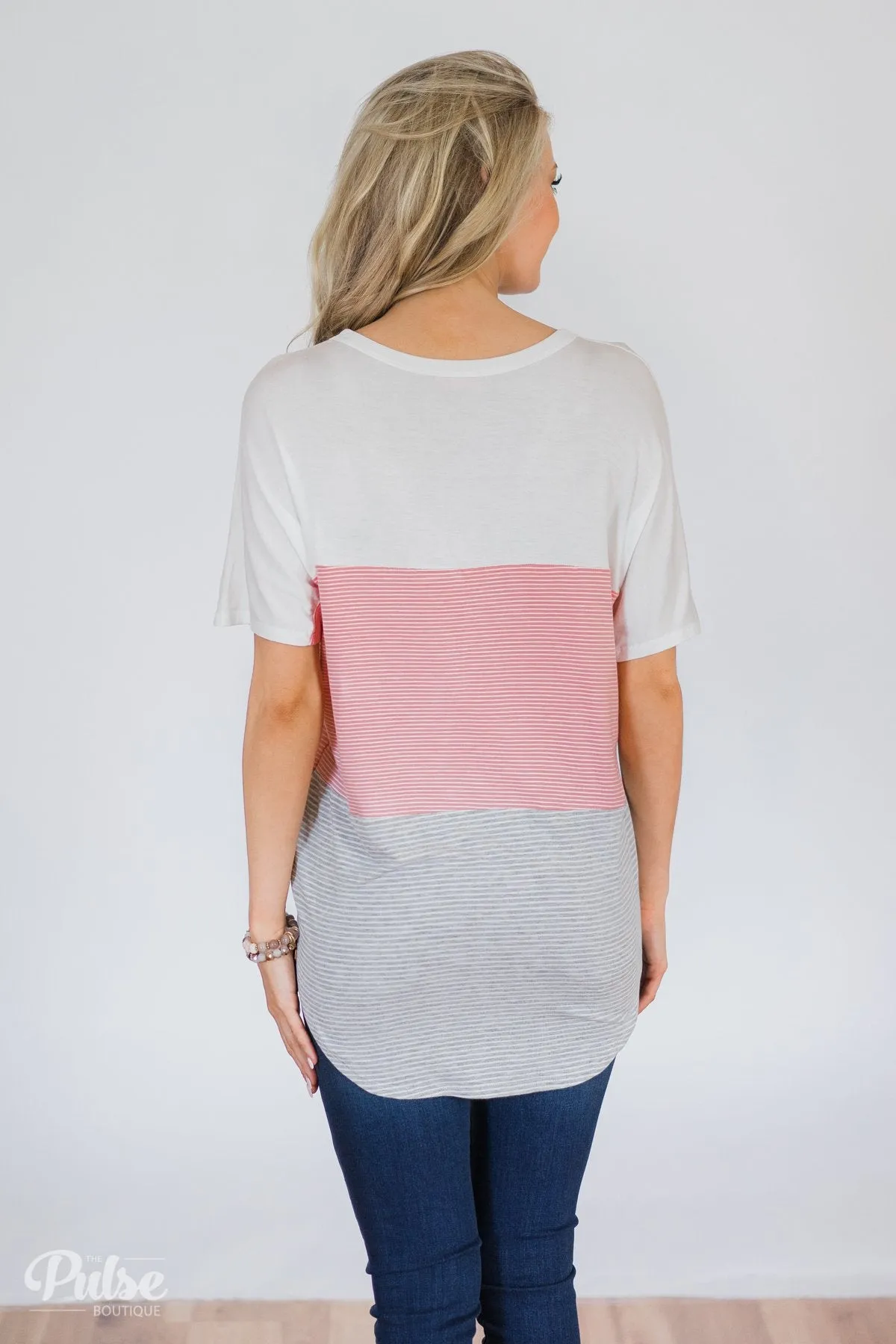 Dolman Striped Color Block Top- Pink & Grey