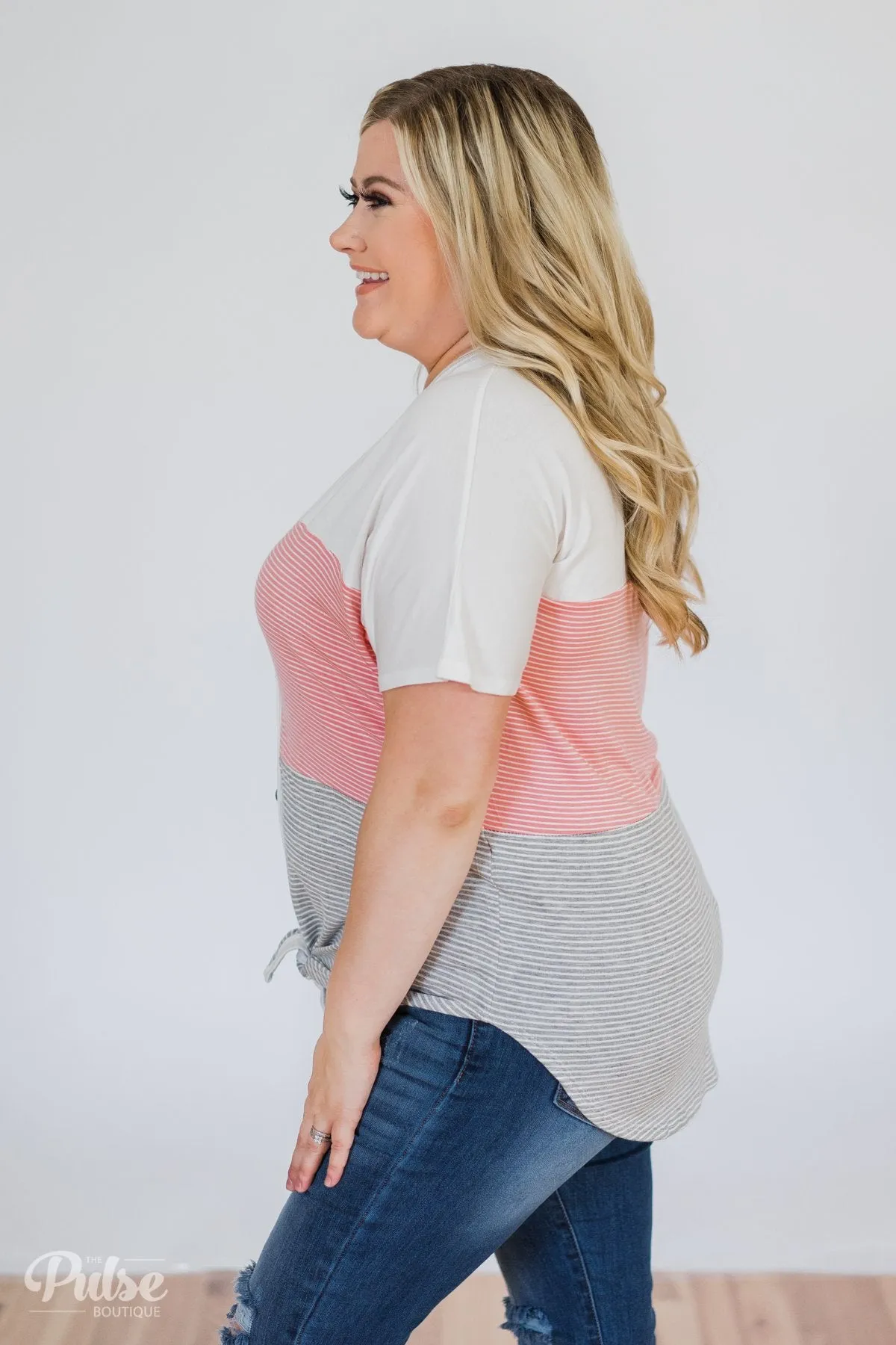 Dolman Striped Color Block Top- Pink & Grey