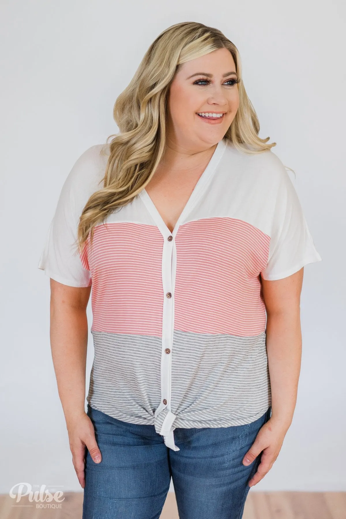 Dolman Striped Color Block Top- Pink & Grey