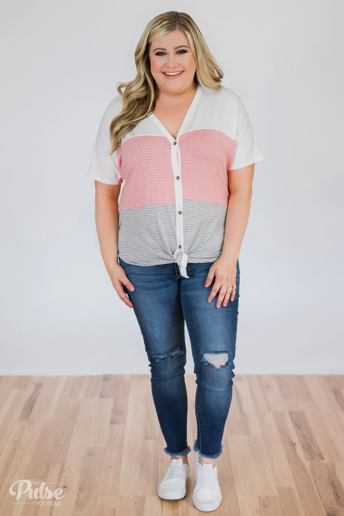 Dolman Striped Color Block Top- Pink & Grey