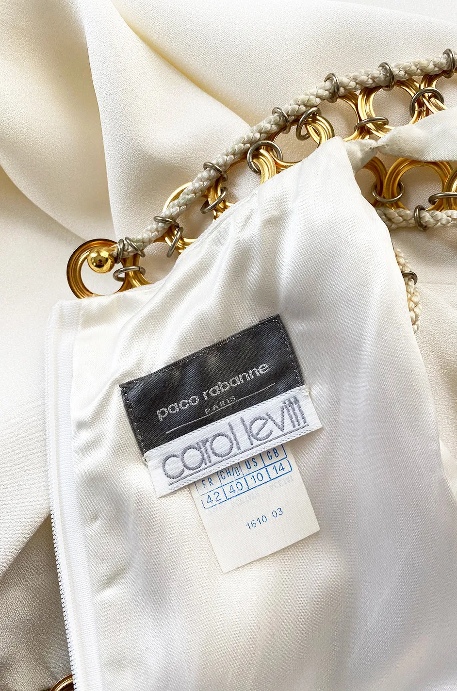 Early 1980s Paco Rabanne White Dress w Gold Metal Loop Detailing