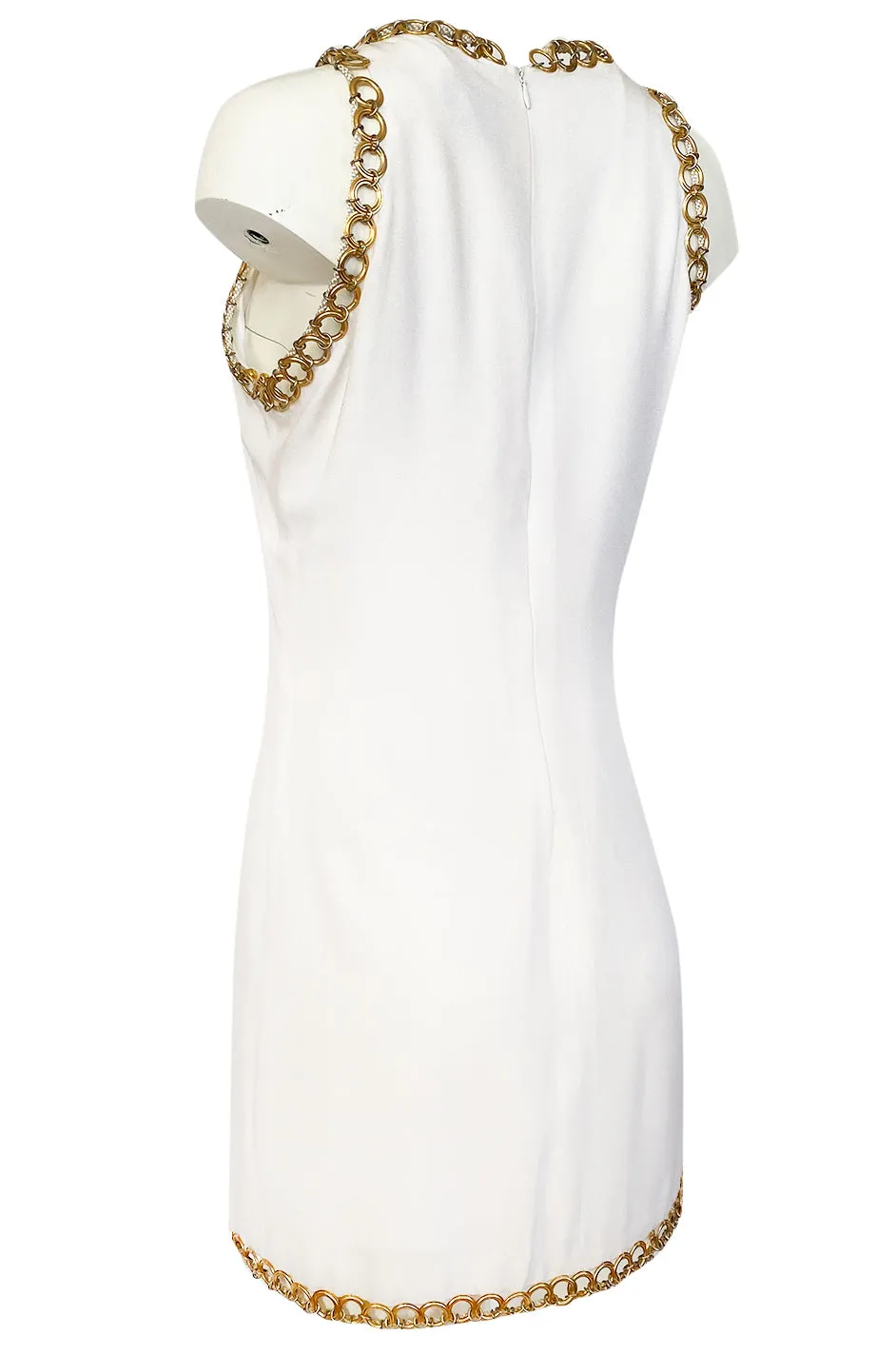 Early 1980s Paco Rabanne White Dress w Gold Metal Loop Detailing