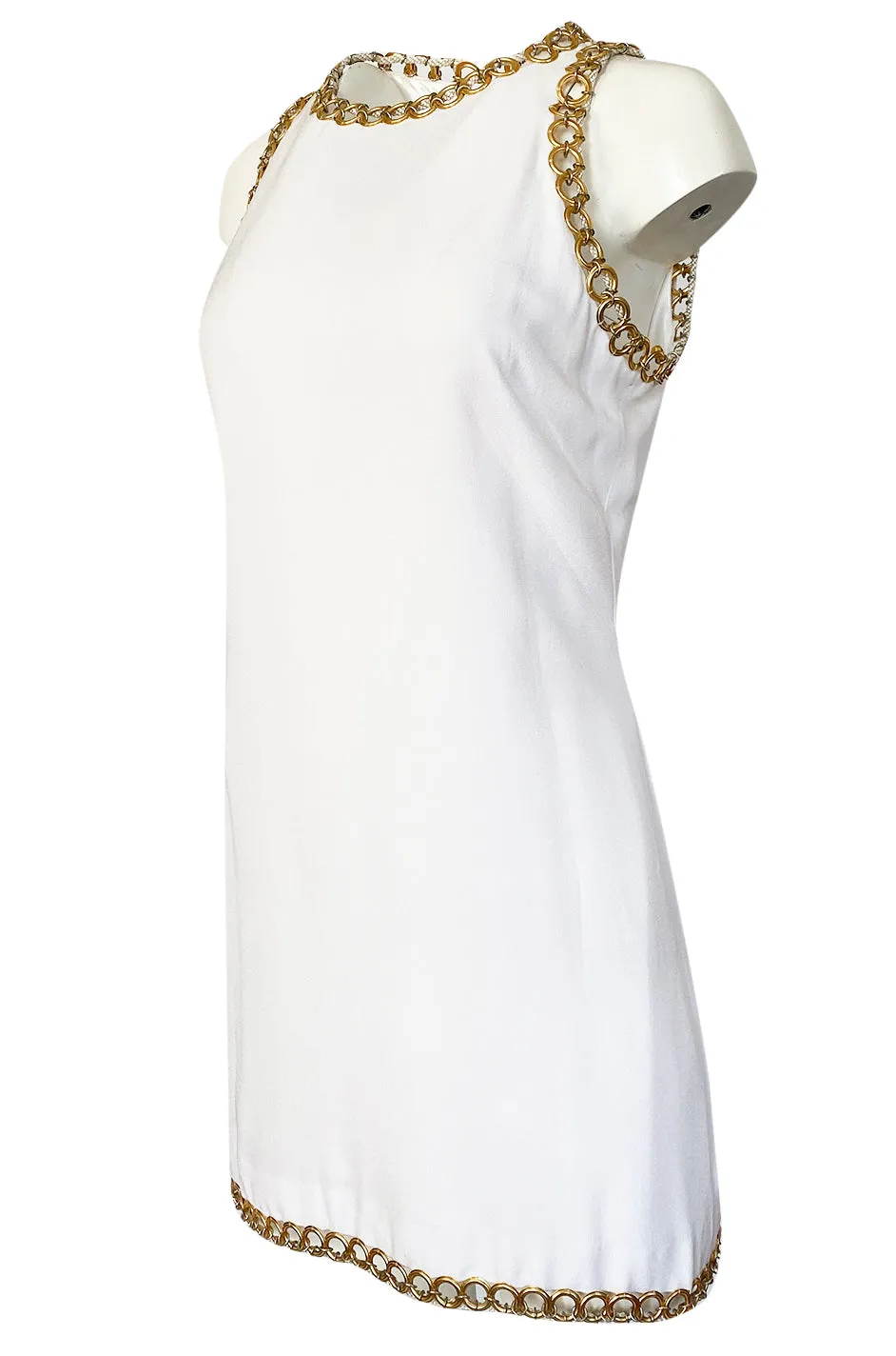 Early 1980s Paco Rabanne White Dress w Gold Metal Loop Detailing