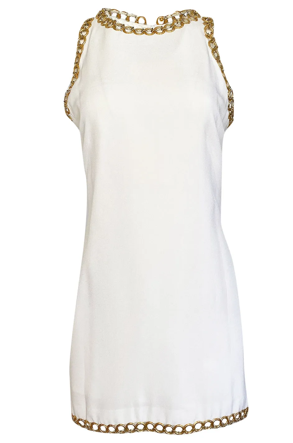 Early 1980s Paco Rabanne White Dress w Gold Metal Loop Detailing