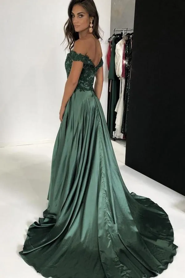 Elegant A-line Off the Shoulder Slit Dark Green Satin Prom Dresses with Appliques Long Party Dresses,MP616