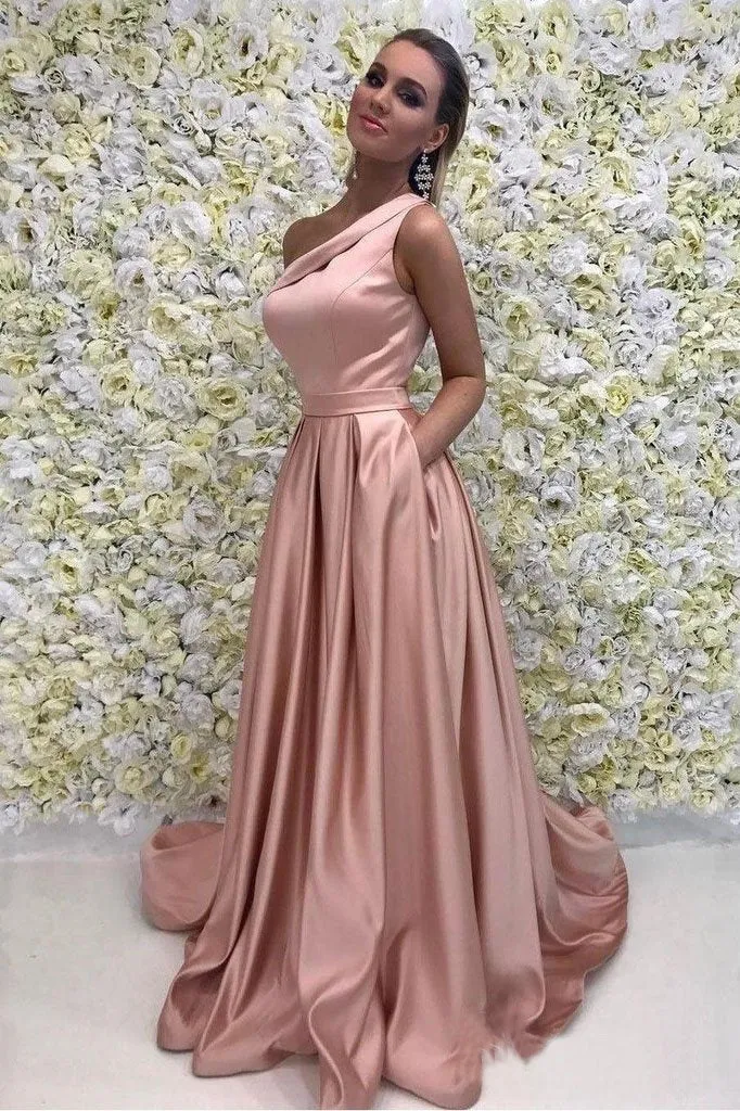 Elegant A Line One Shoulder Long Cheap Pink Prom Dresses Simple Prom Dresses with Pockets CP618