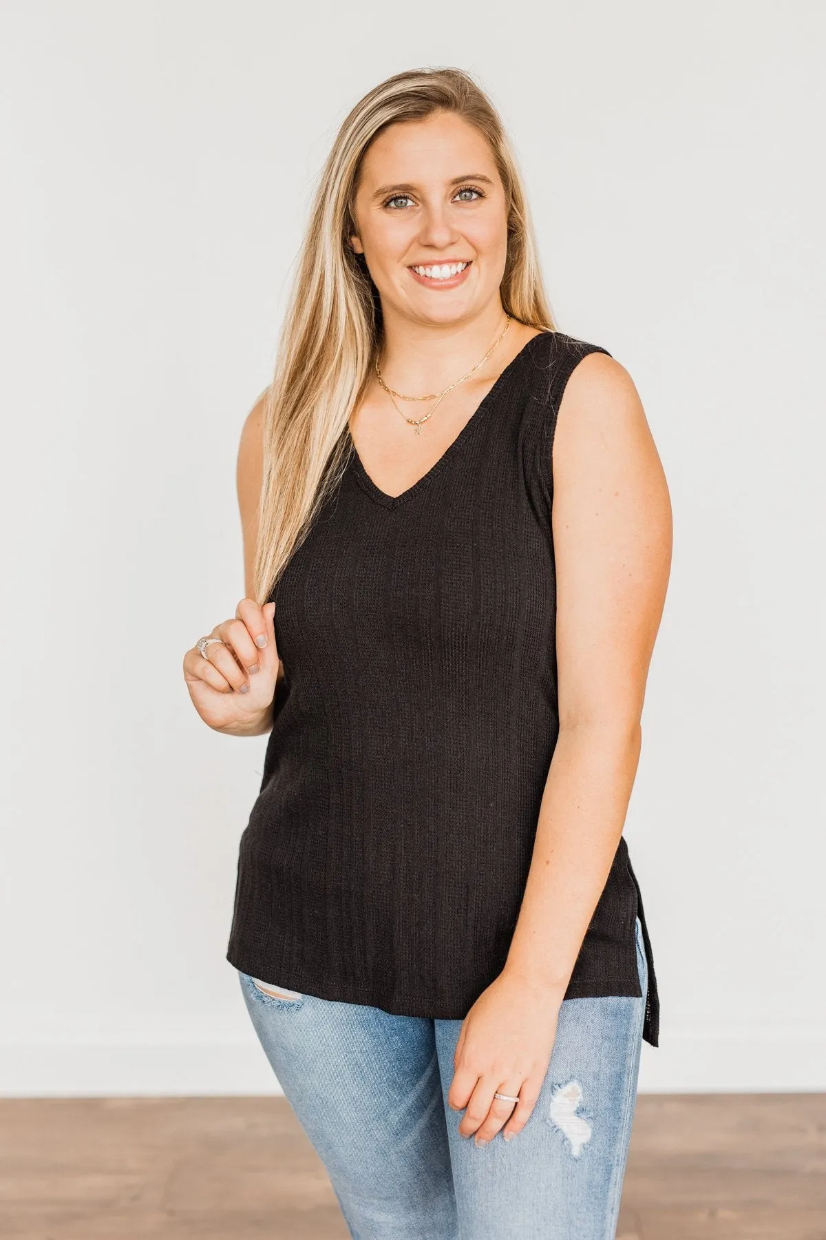 Encouraging Words V-Neck Tank Top- Black