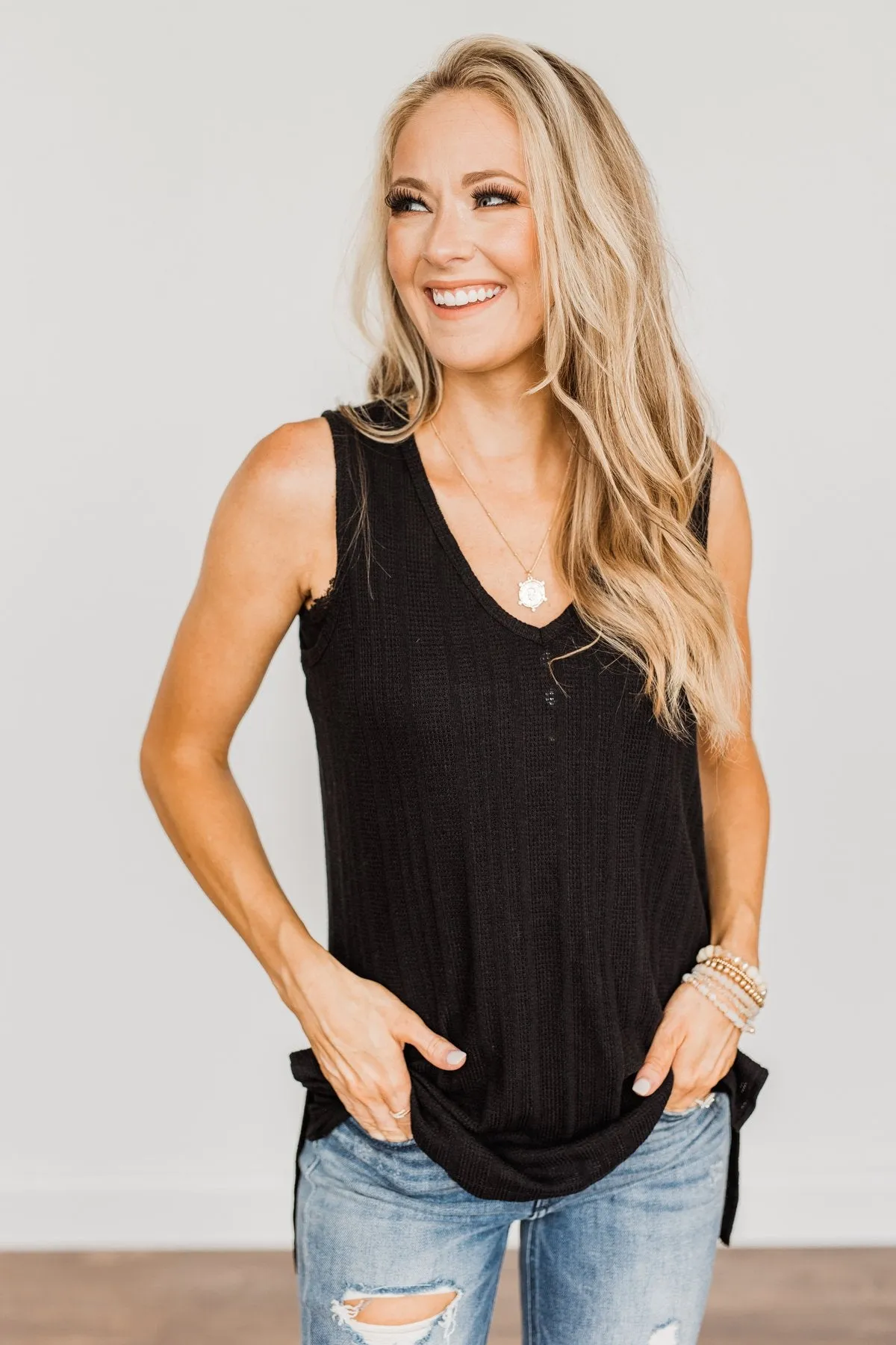 Encouraging Words V-Neck Tank Top- Black