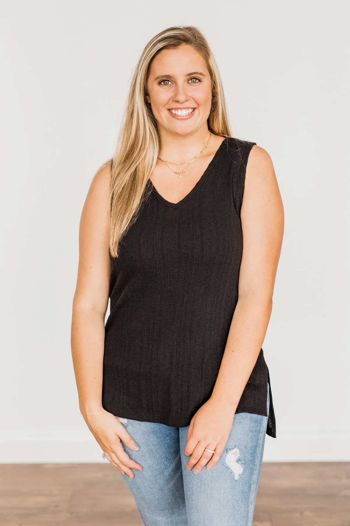Encouraging Words V-Neck Tank Top- Black