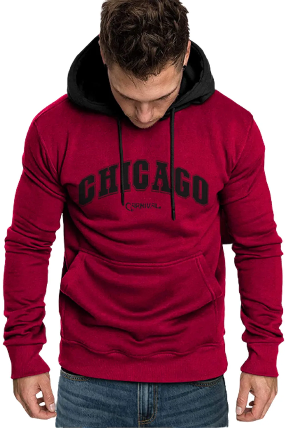 Fiery Red CHICAGO Letter Print Slim-fit Men's Pullover Hoodie