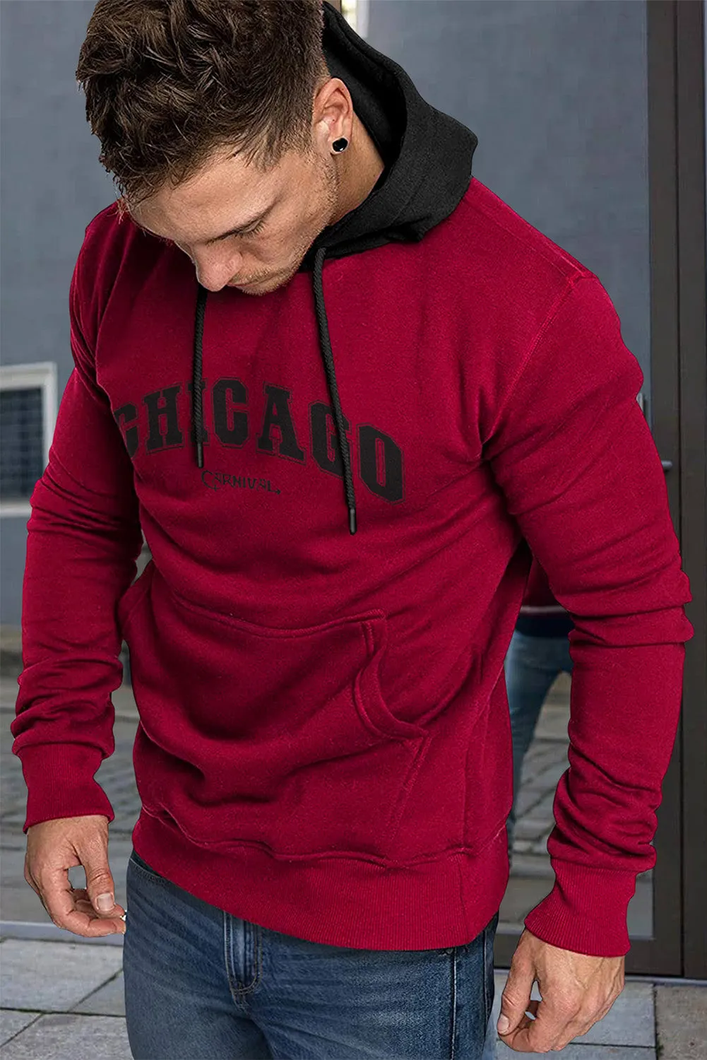 Fiery Red CHICAGO Letter Print Slim-fit Men's Pullover Hoodie