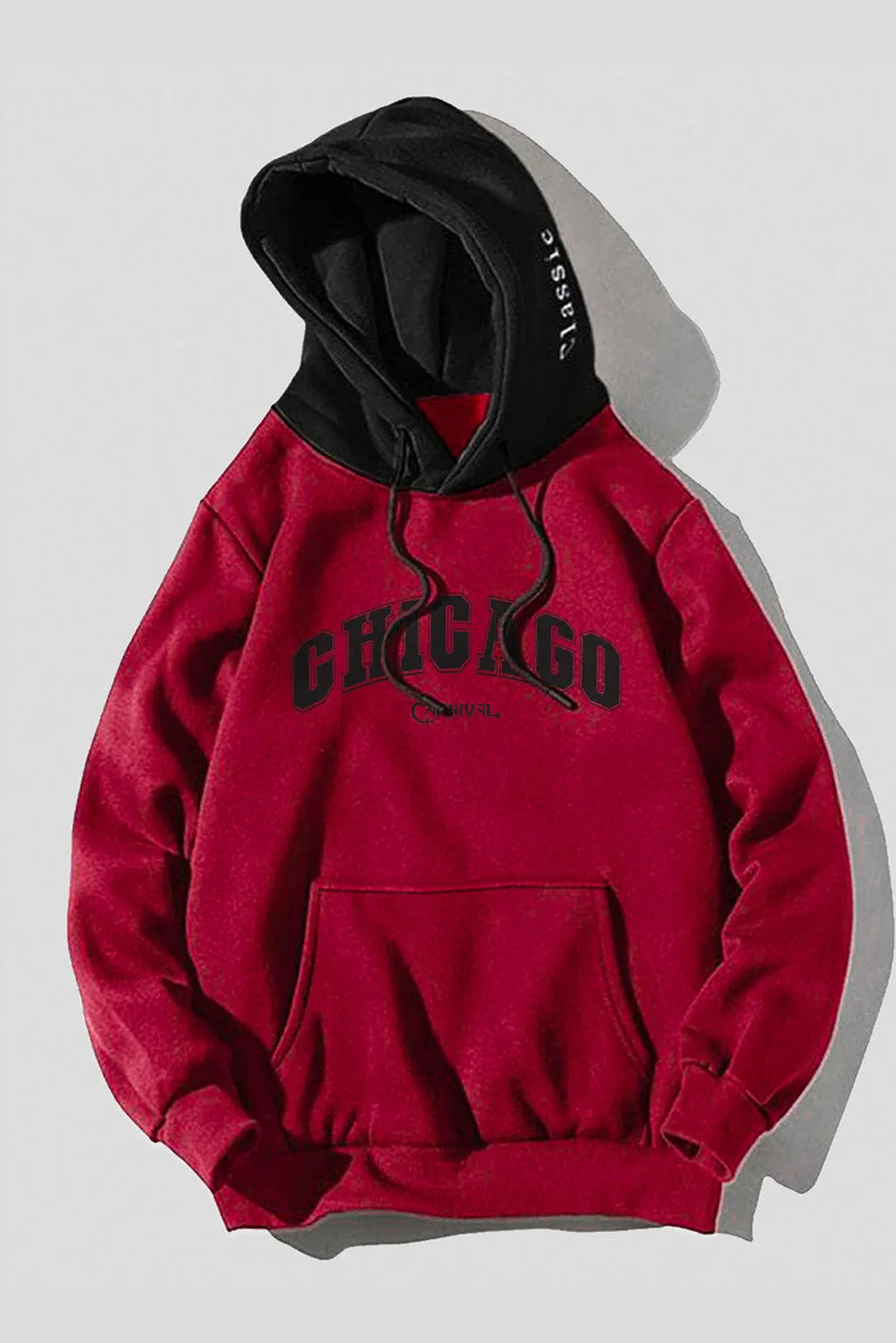 Fiery Red CHICAGO Letter Print Slim-fit Men's Pullover Hoodie