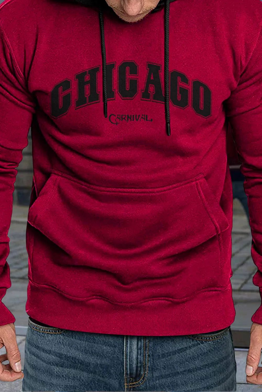 Fiery Red CHICAGO Letter Print Slim-fit Men's Pullover Hoodie