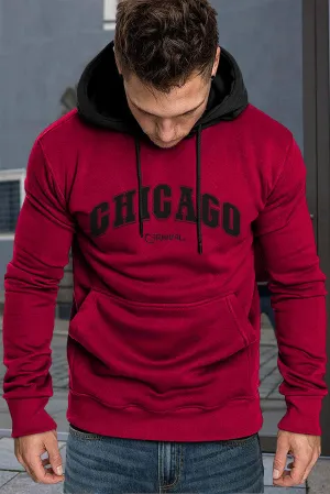 Fiery Red CHICAGO Letter Print Slim-fit Men's Pullover Hoodie