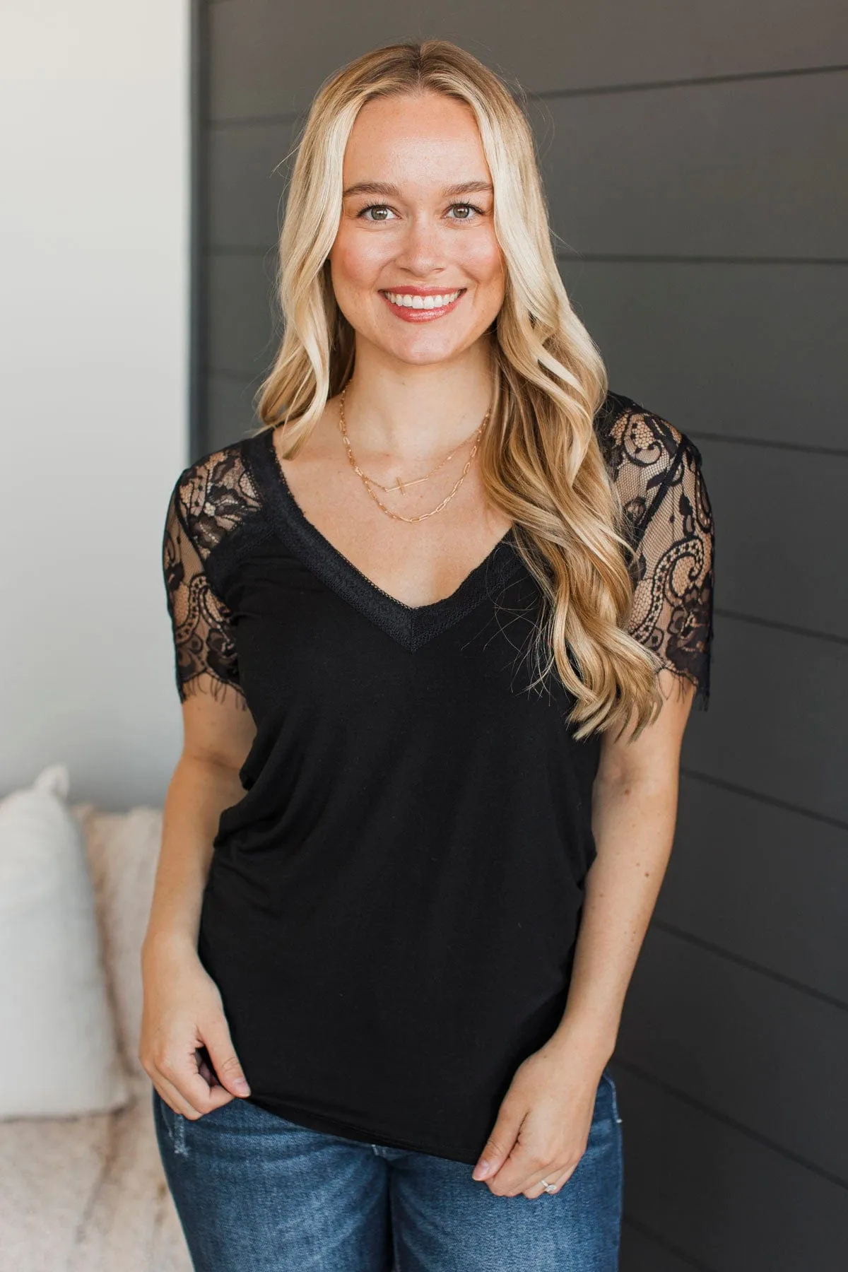 Flattering in Lace V-Neck Top- Black