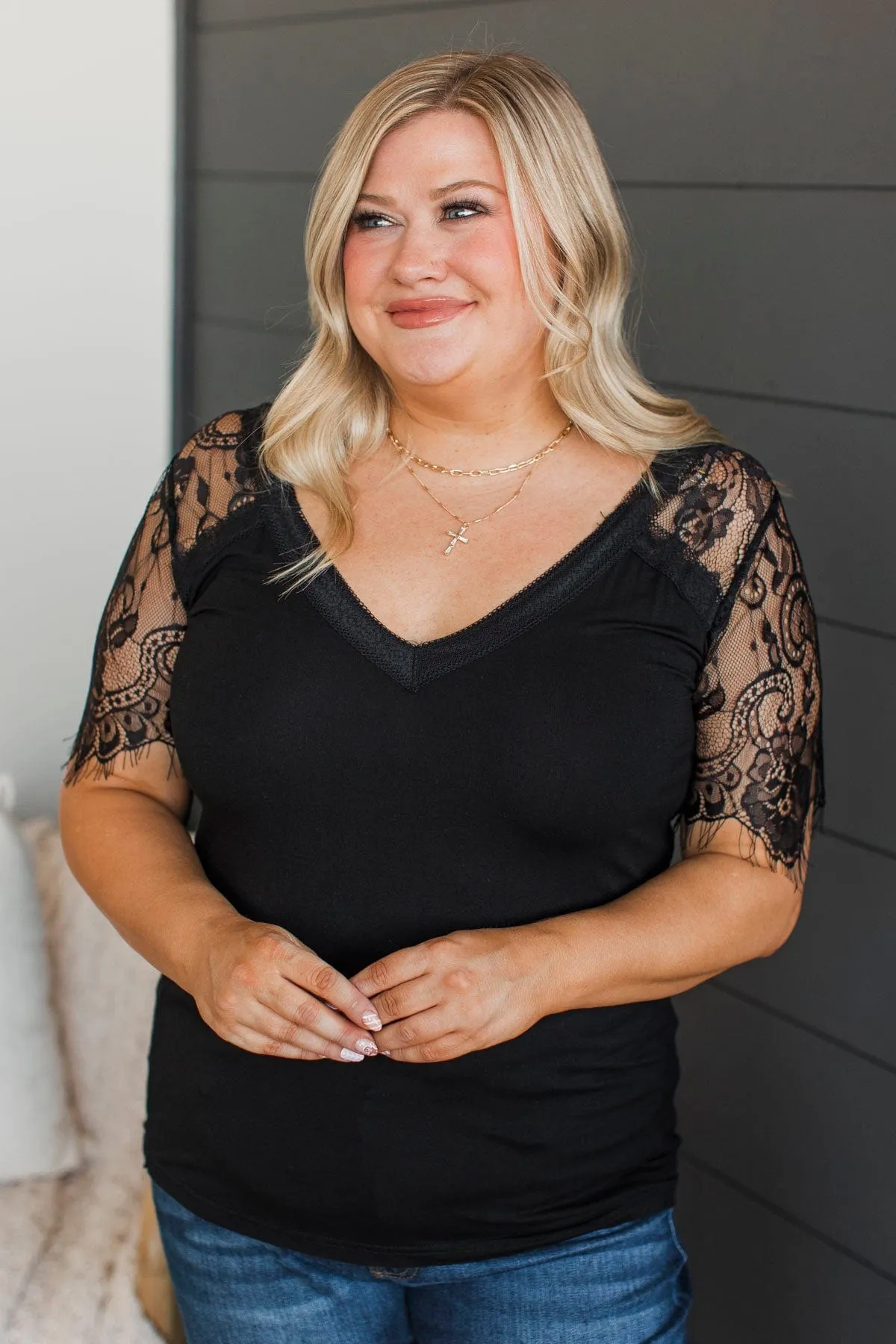 Flattering in Lace V-Neck Top- Black