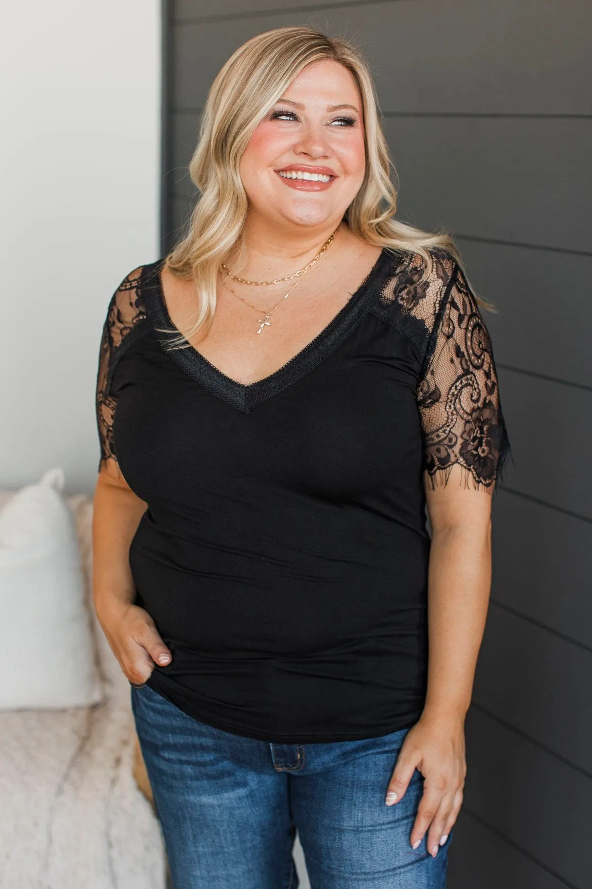 Flattering in Lace V-Neck Top- Black