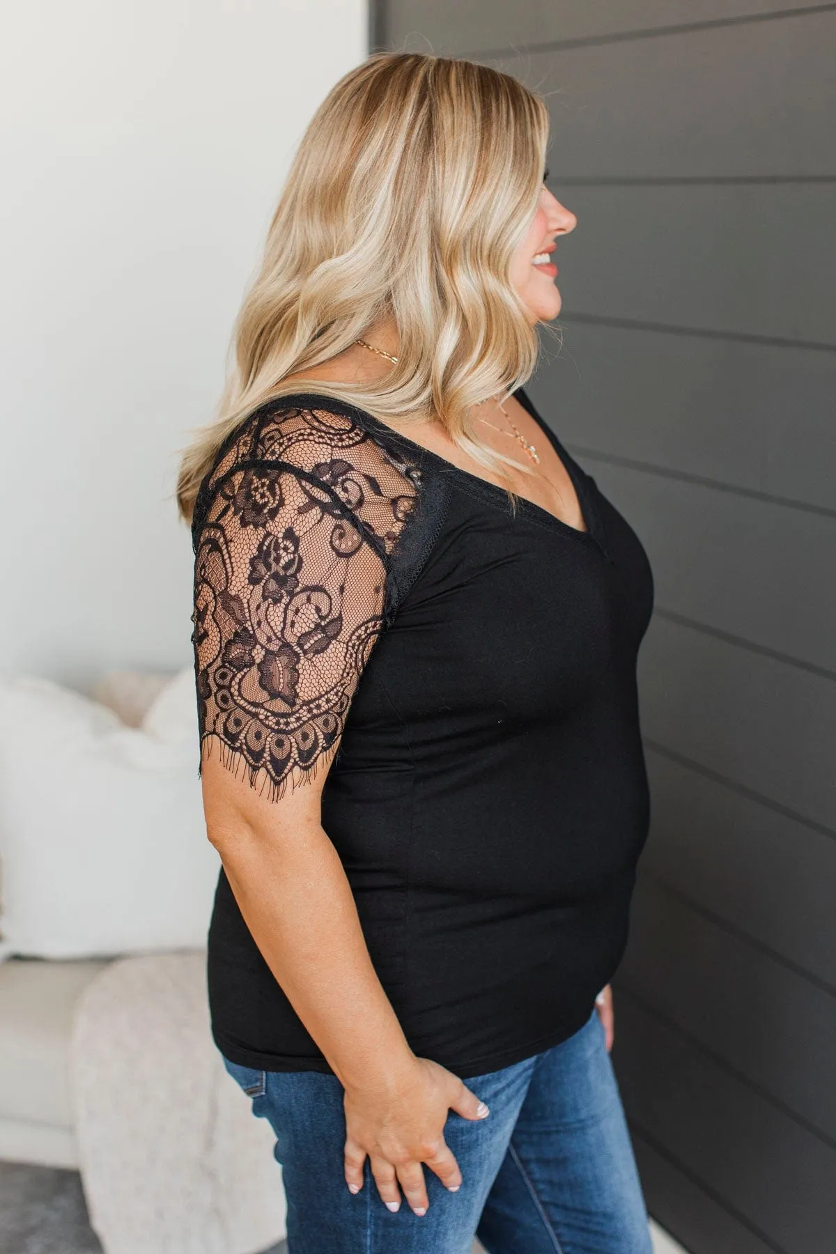 Flattering in Lace V-Neck Top- Black