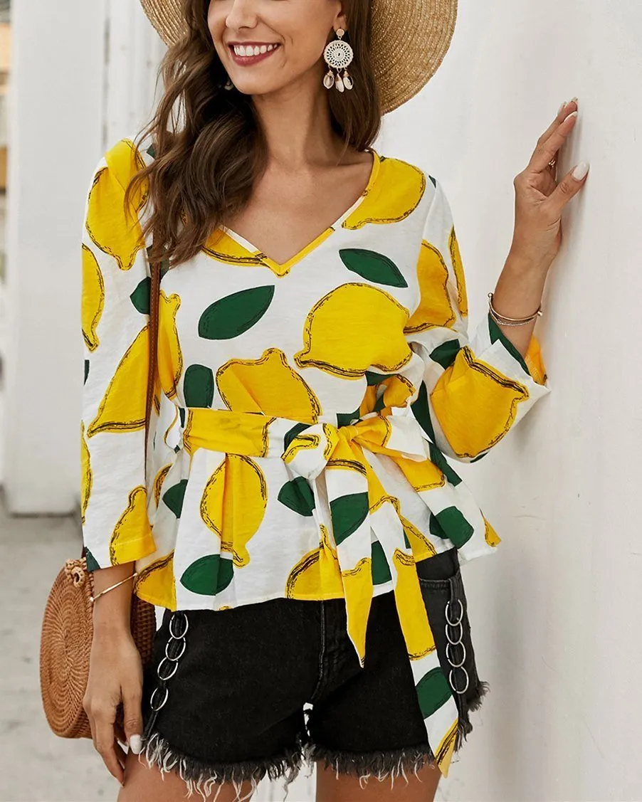 Floral Printed  V-Neck Blouse Shirt - White Sky
