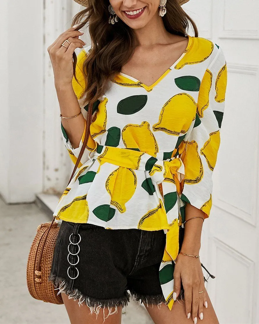 Floral Printed  V-Neck Blouse Shirt - White Sky