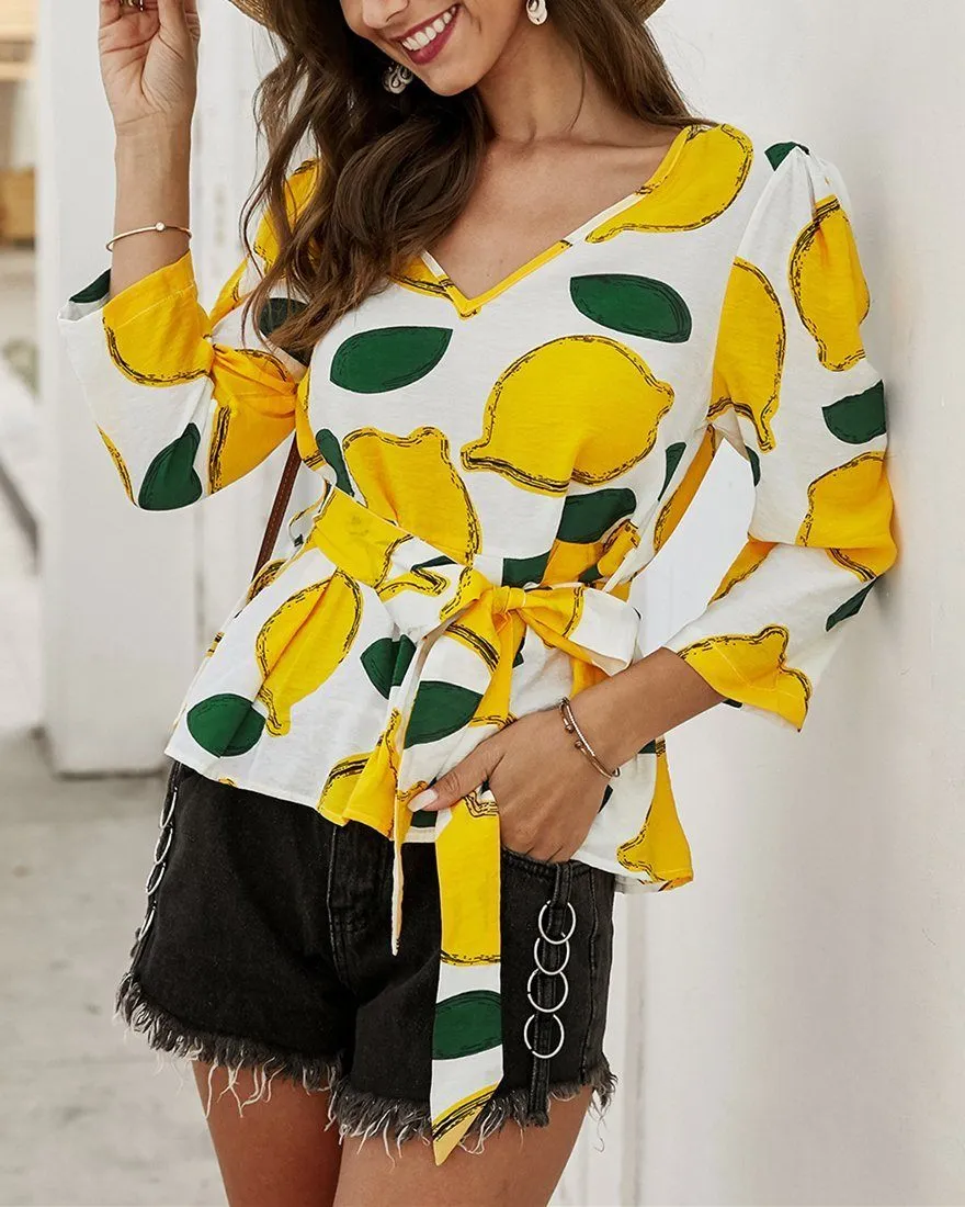 Floral Printed  V-Neck Blouse Shirt - White Sky