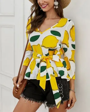 Floral Printed  V-Neck Blouse Shirt - White Sky
