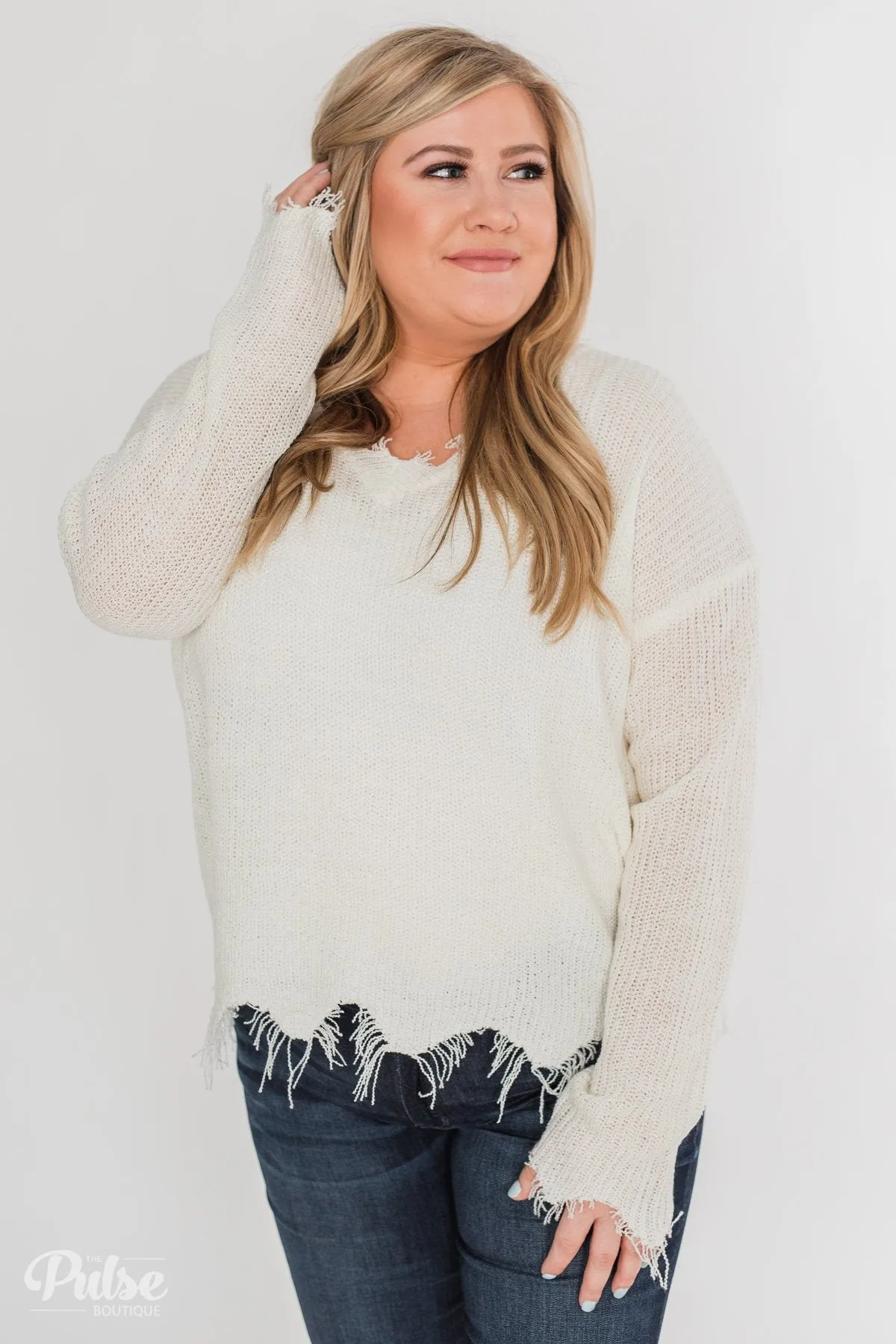 Frayed V-Neck Sweater - Cream
