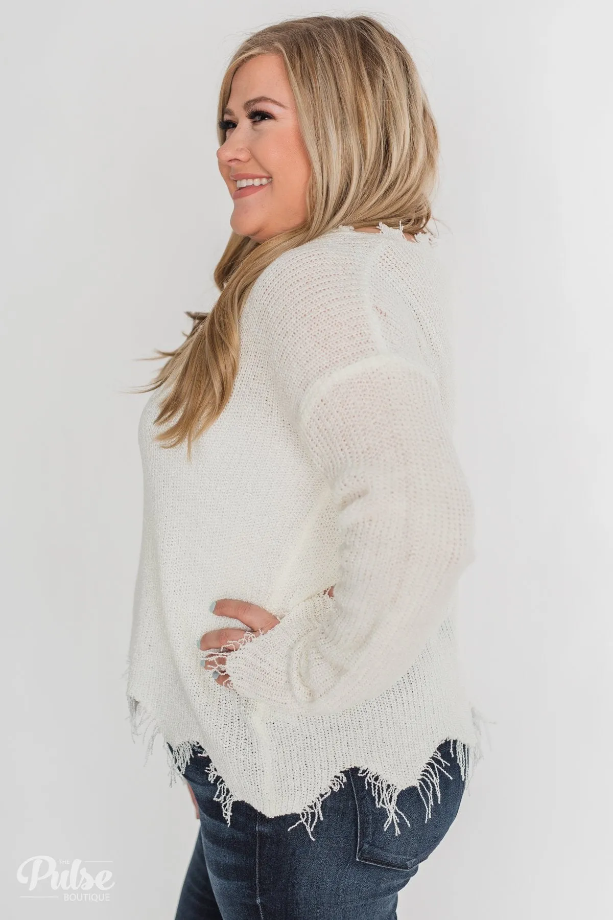 Frayed V-Neck Sweater - Cream