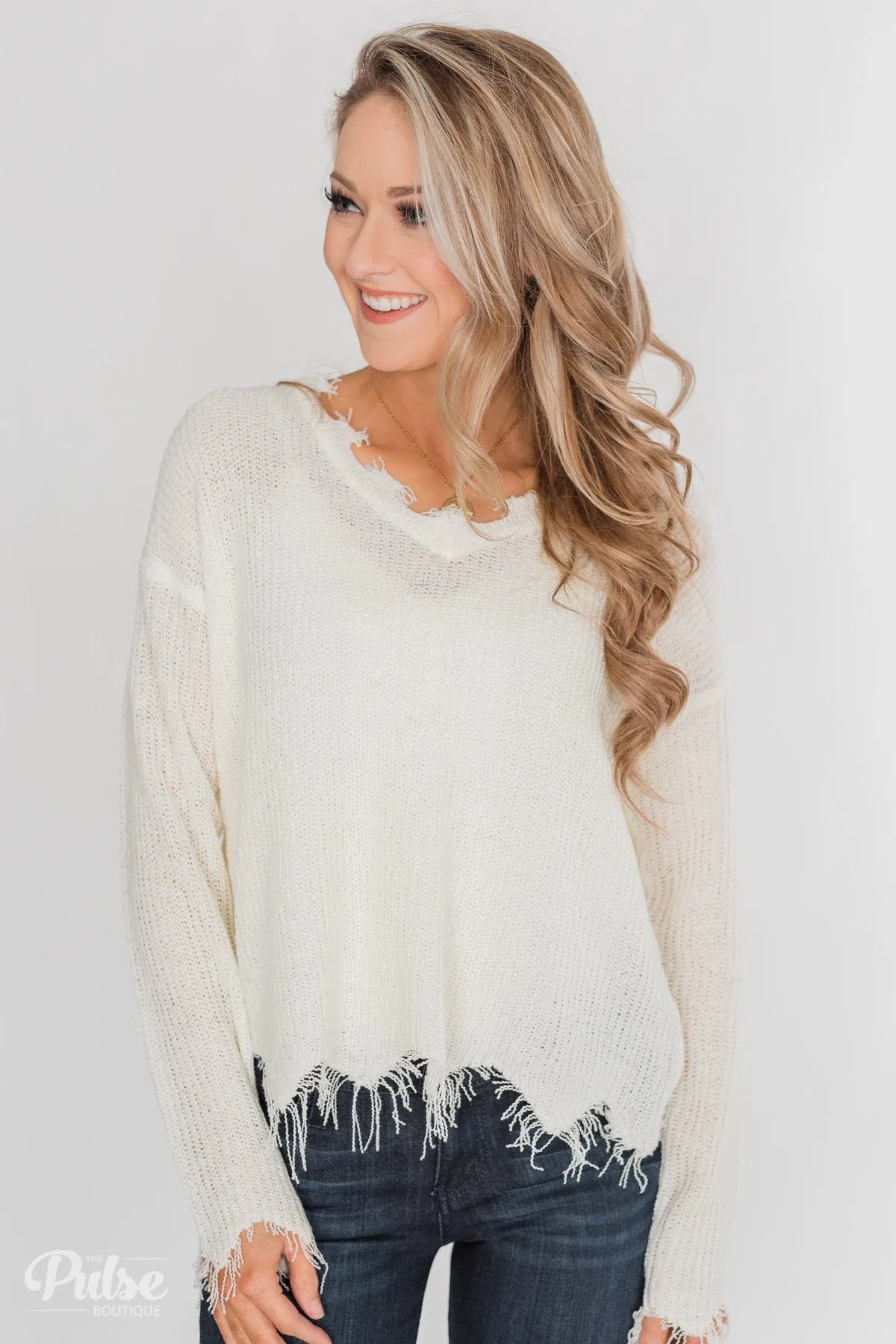 Frayed V-Neck Sweater - Cream