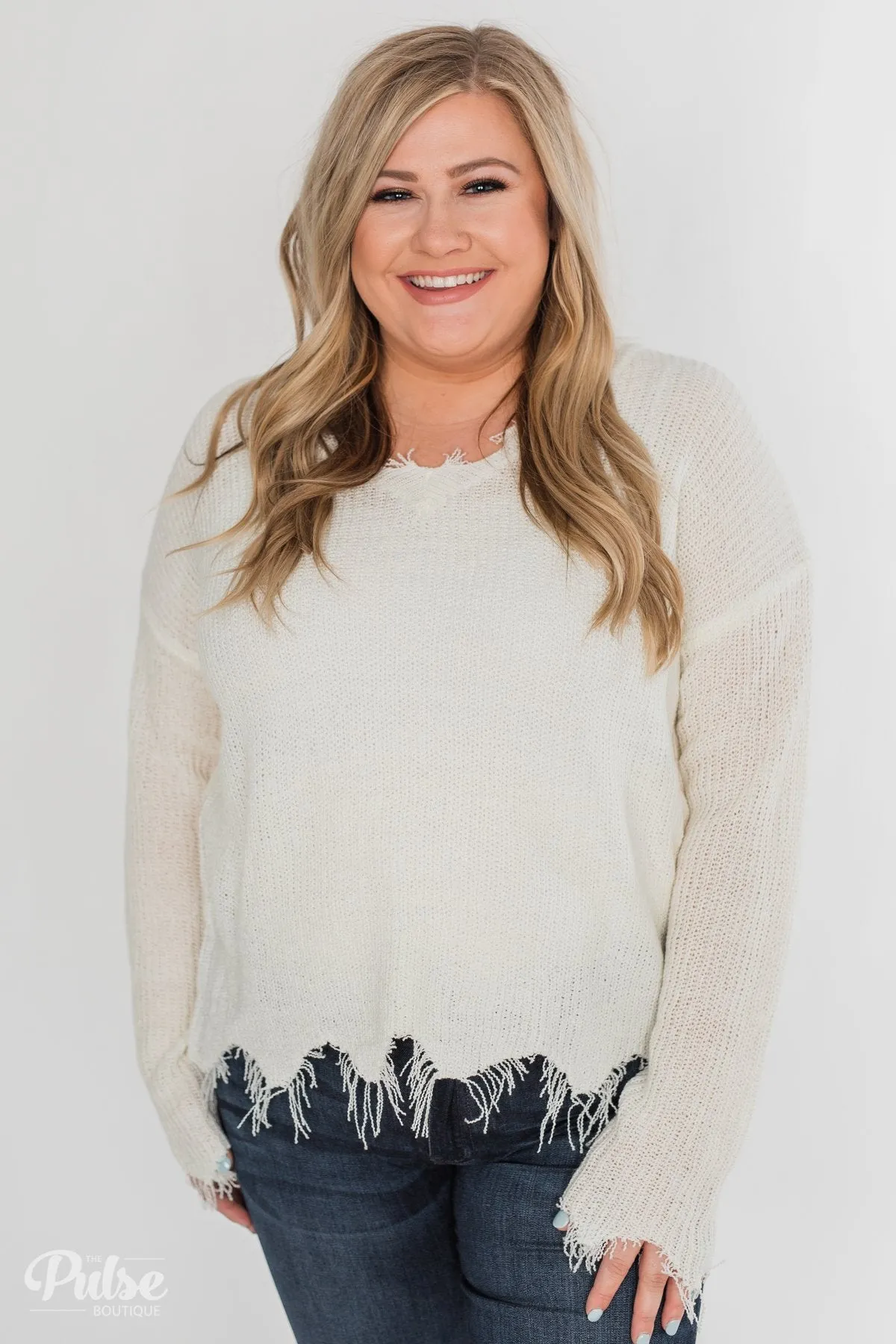 Frayed V-Neck Sweater - Cream