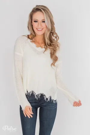 Frayed V-Neck Sweater - Cream