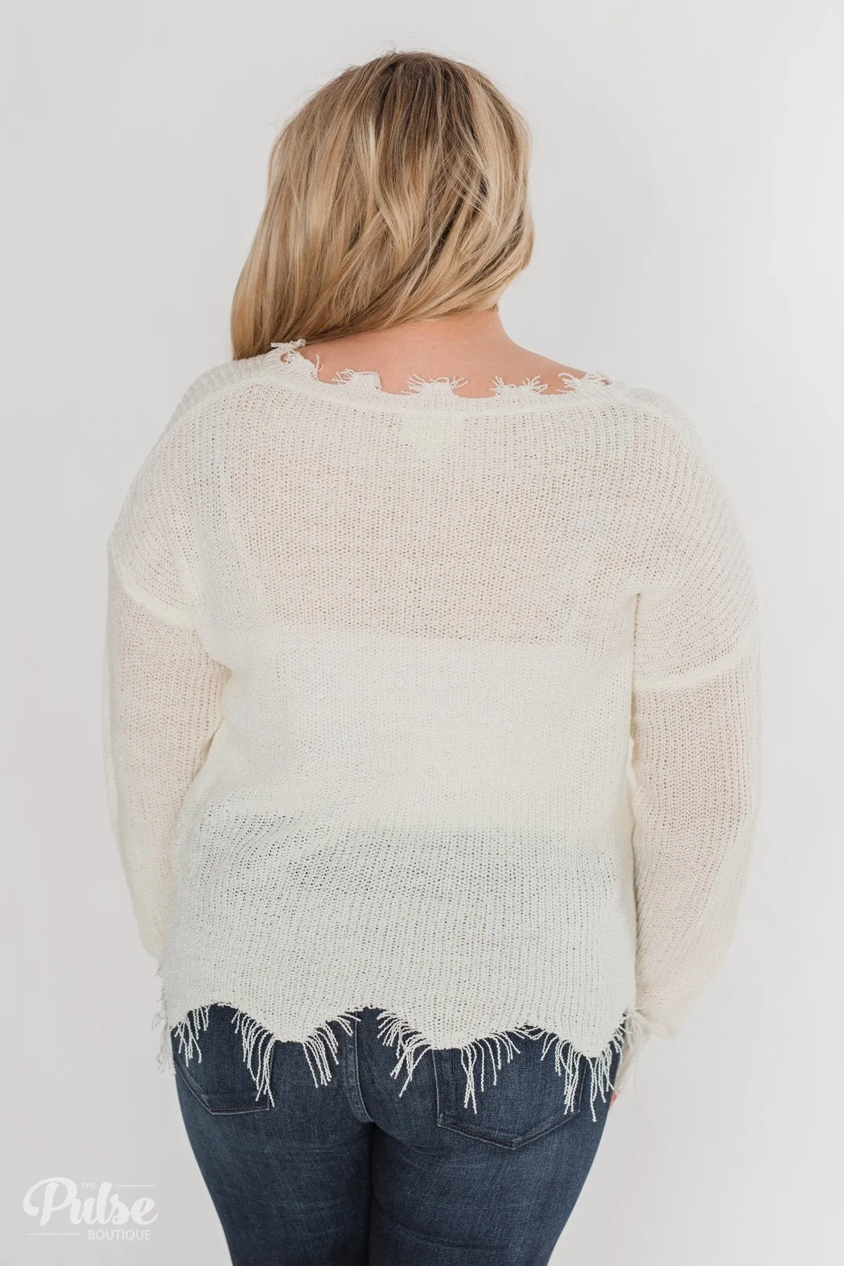 Frayed V-Neck Sweater - Cream