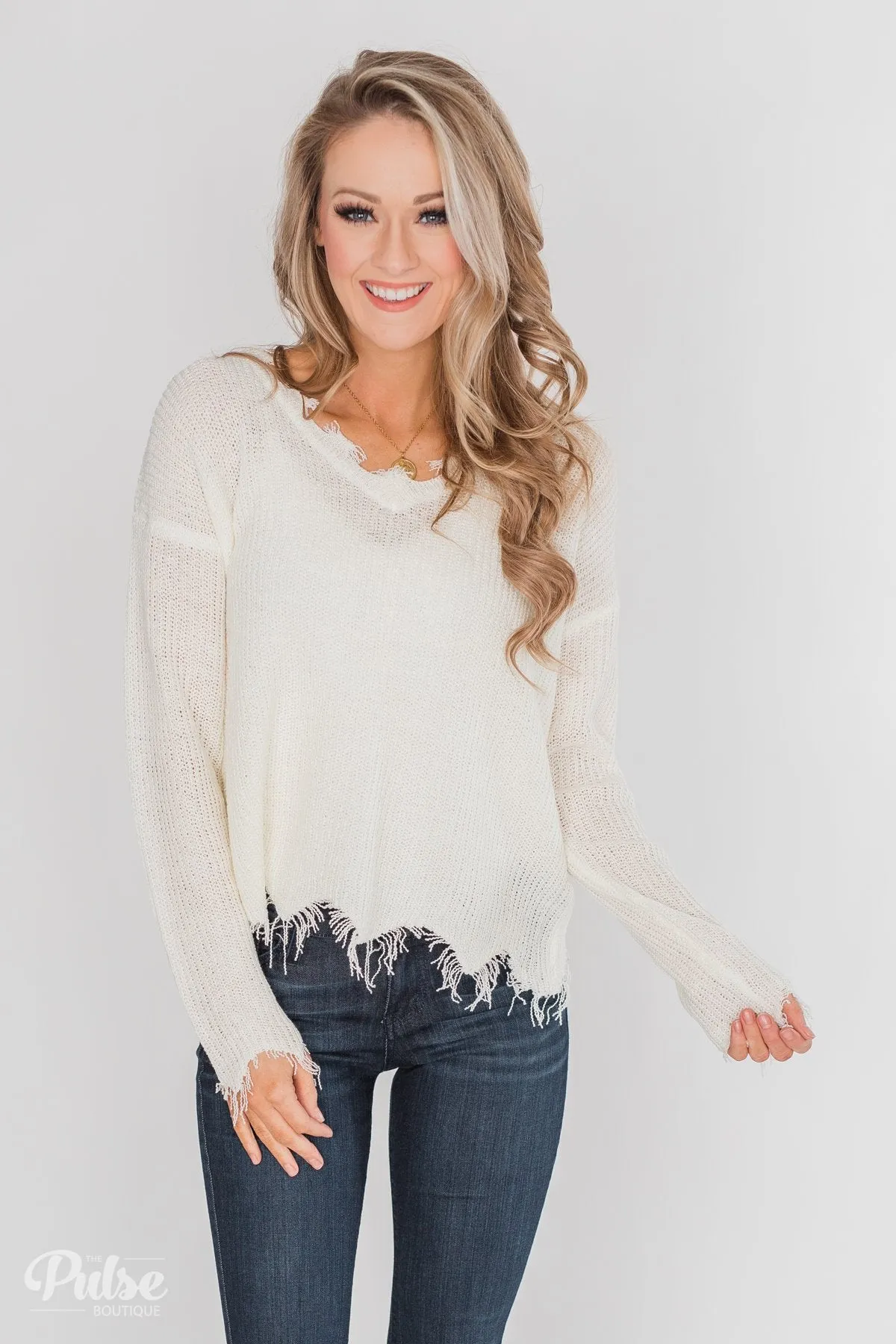 Frayed V-Neck Sweater - Cream