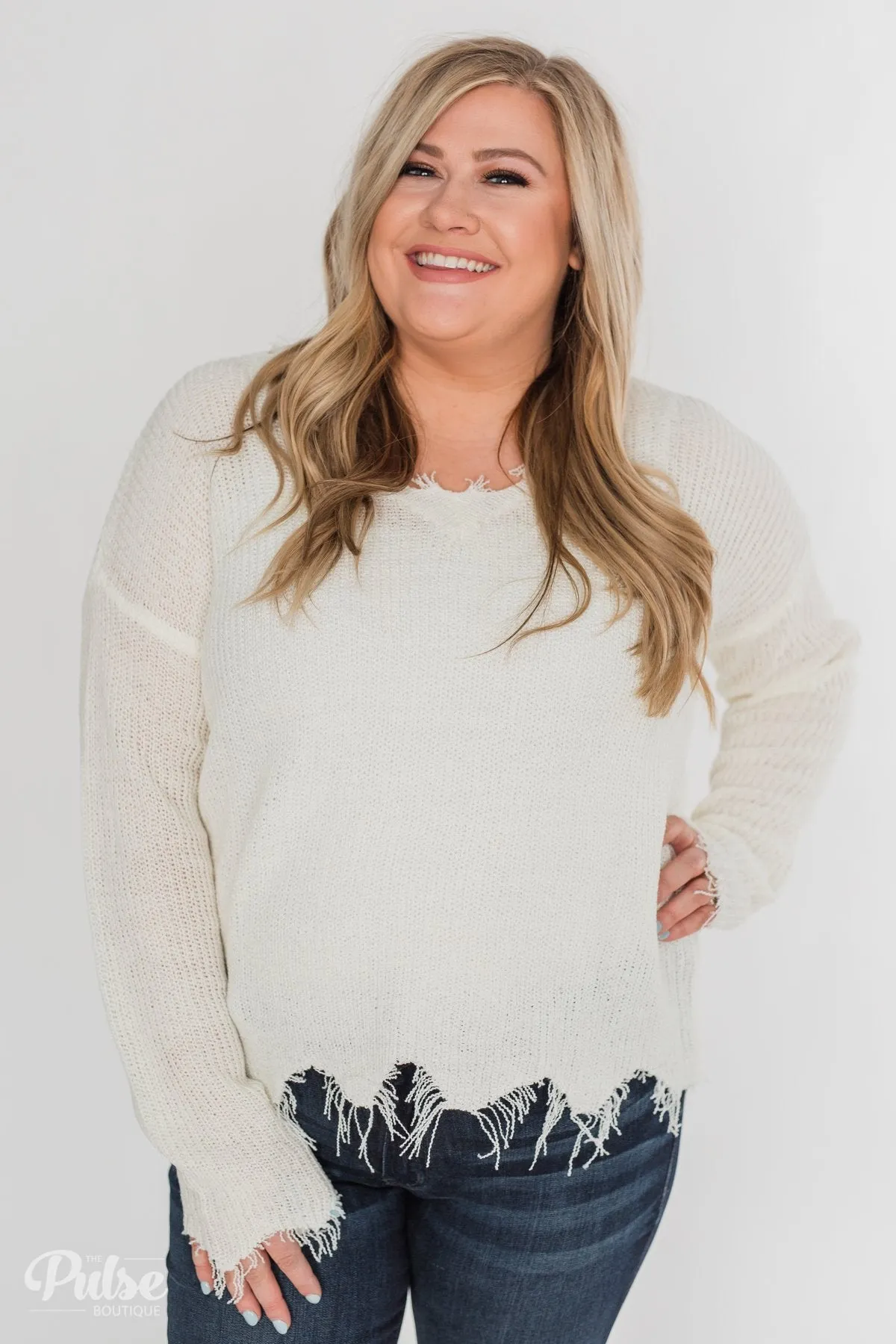 Frayed V-Neck Sweater - Cream