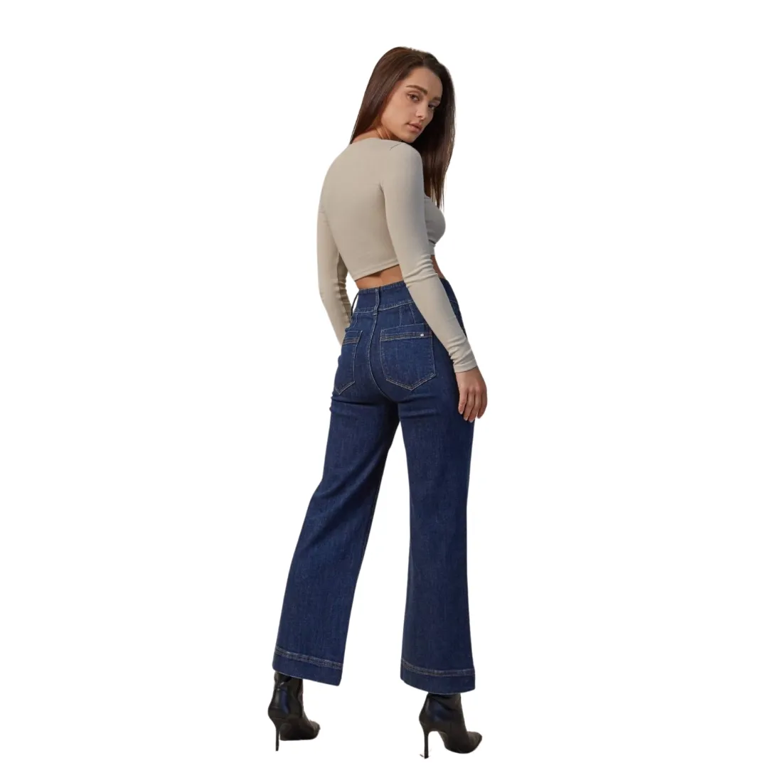 French navy jeans with super high rise and wide crop leg