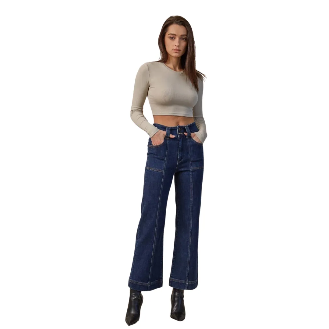 French navy jeans with super high rise and wide crop leg