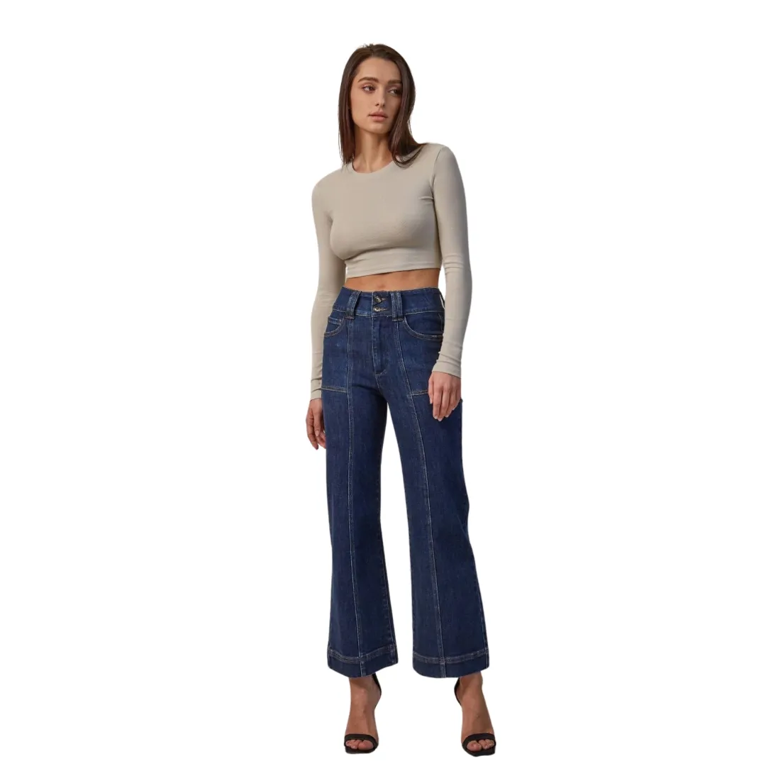 French navy jeans with super high rise and wide crop leg