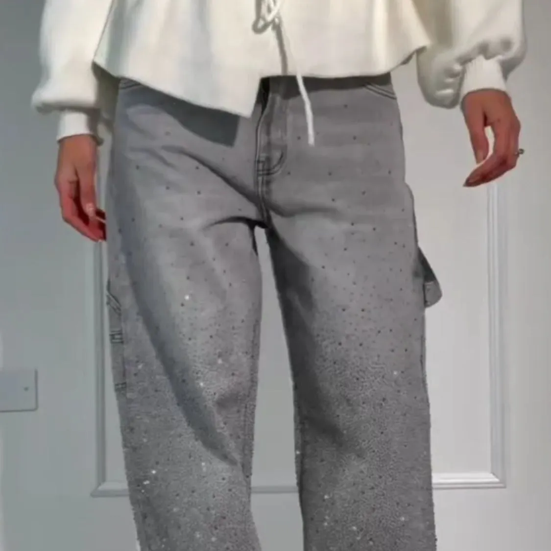 Full Size Washed Rhinestone Detail Wide leg Jeans Plus Size