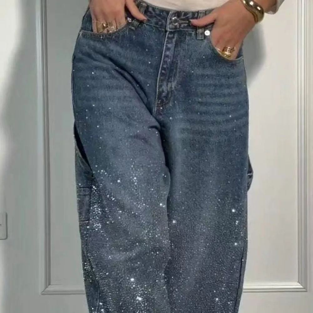 Full Size Washed Rhinestone Detail Wide leg Jeans Plus Size