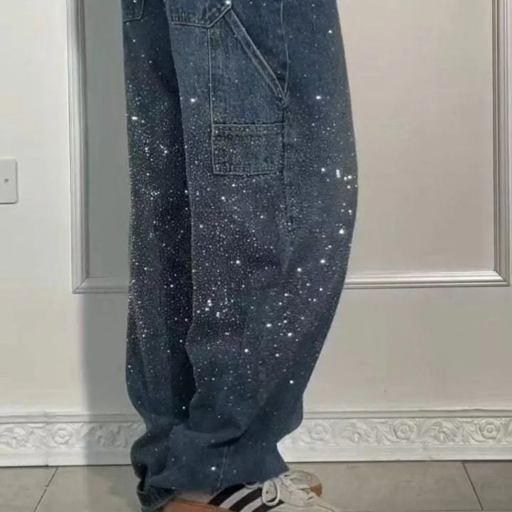 Full Size Washed Rhinestone Detail Wide leg Jeans Plus Size