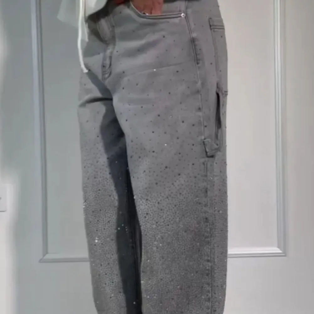 Full Size Washed Rhinestone Detail Wide leg Jeans Plus Size