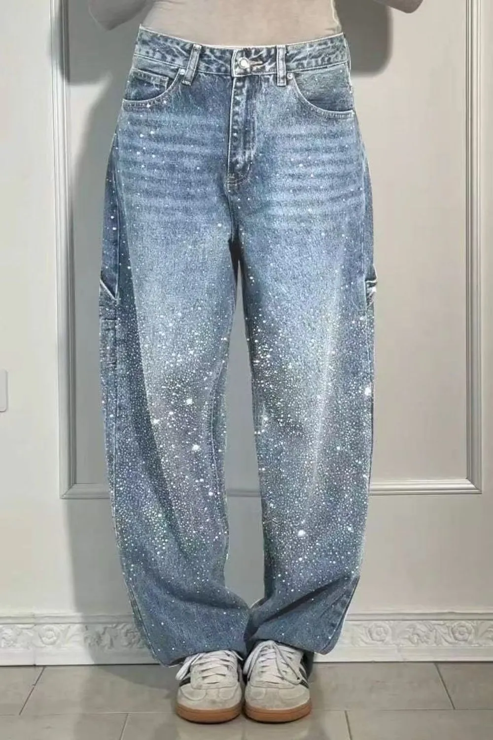 Full Size Washed Rhinestone Detail Wide leg Jeans Plus Size