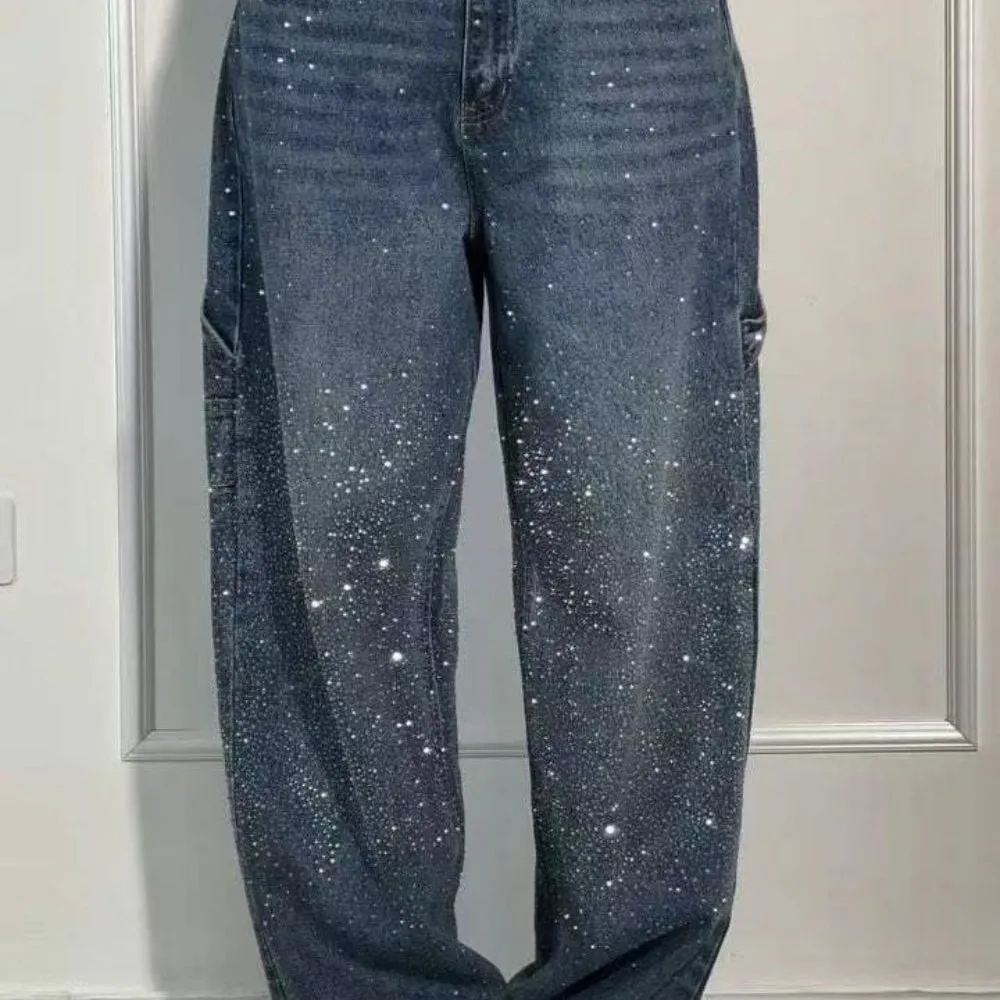 Full Size Washed Rhinestone Detail Wide leg Jeans Plus Size