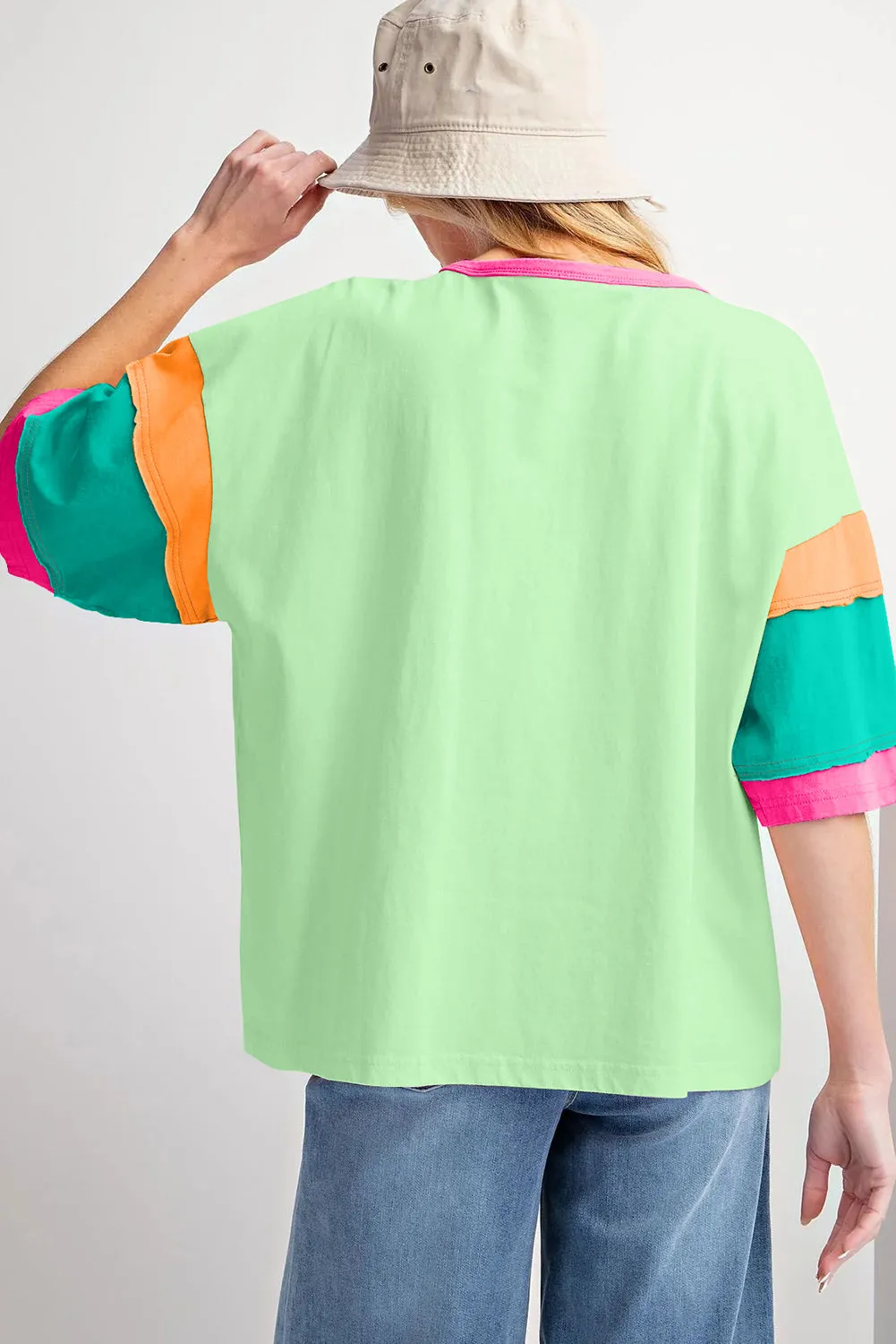 Green Color Block Stitching Sleeve Round Neck Oversize Top