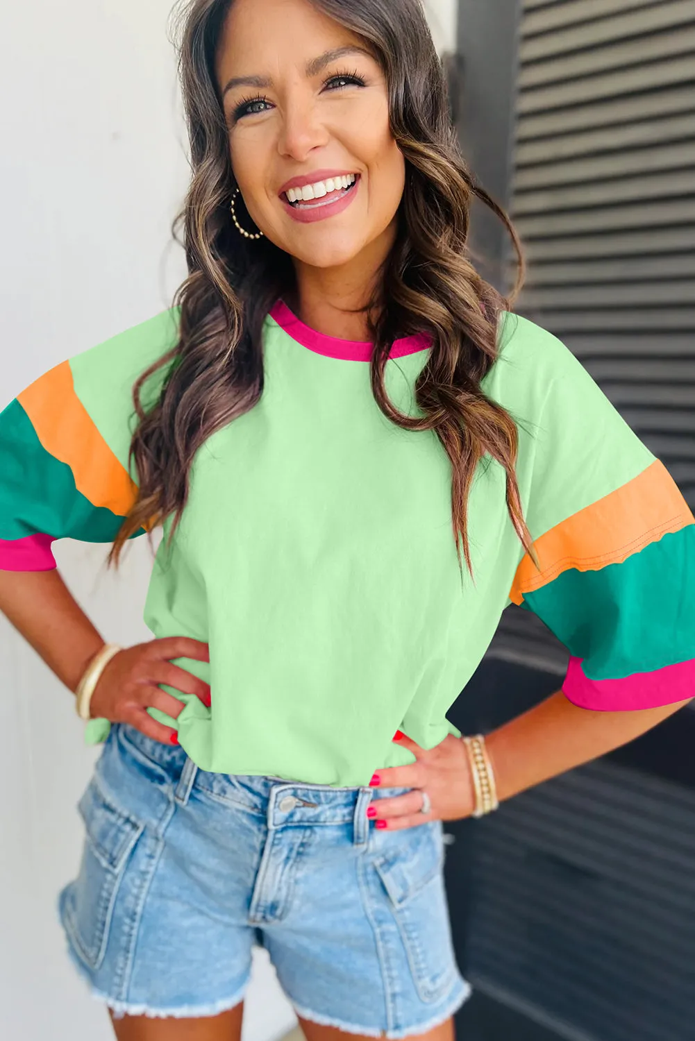 Green Color Block Stitching Sleeve Round Neck Oversize Top